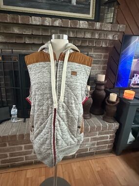 Sean John Gray Quilted Hooded Vest with Brown Accents